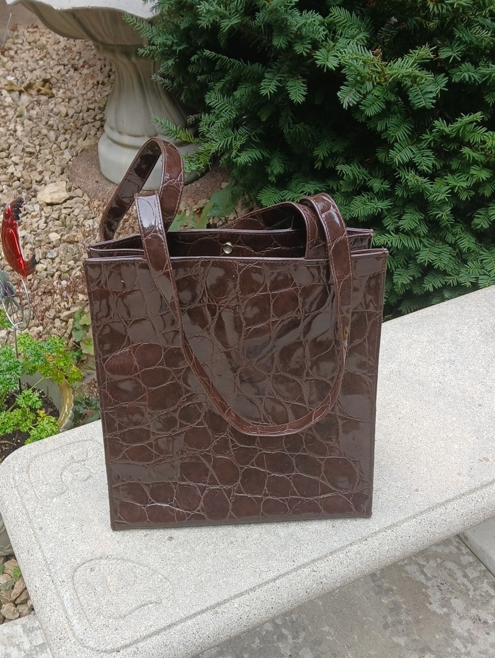 vintage croc-embossed square tote bag in a rich chocolate brown